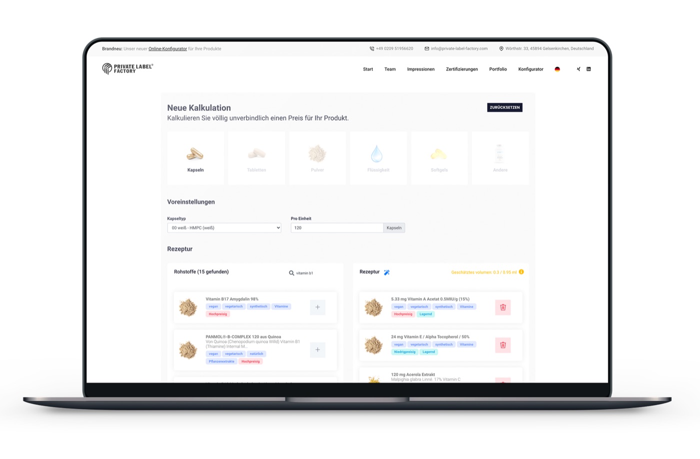 Online-Konfigurator für Nahrungsergänzungsmittel